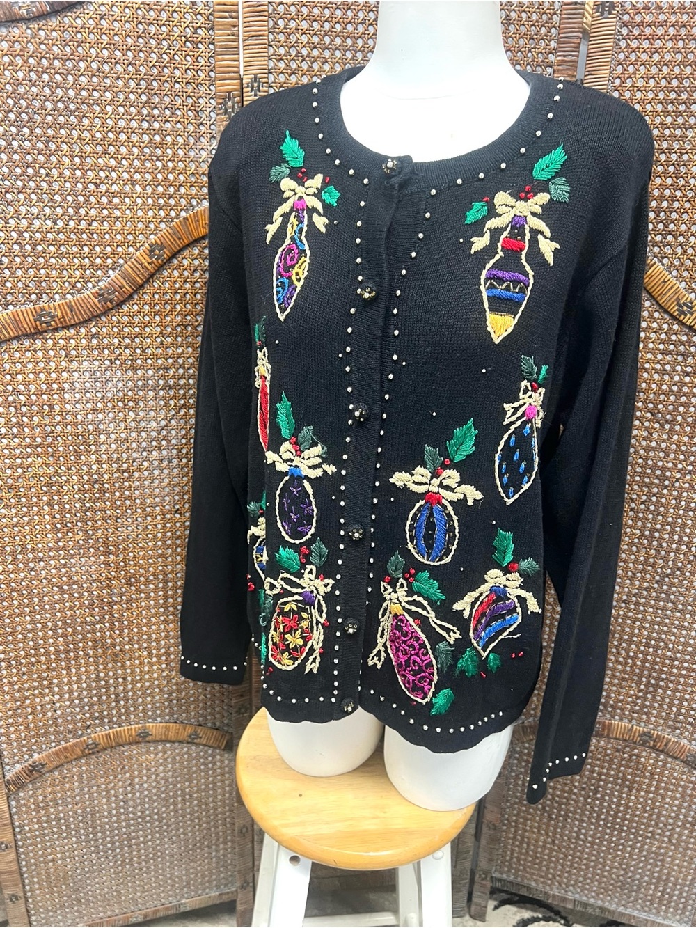 Vintage Christmas sweater cardigan arriviste large ornaments black gold ugly